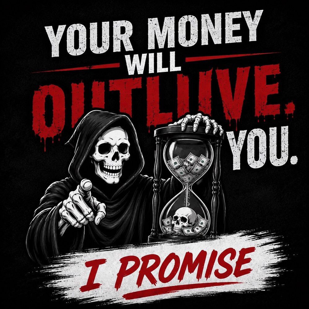 The Reaper beside an hourglass filled with cash. Your money will outlive you. I promise.