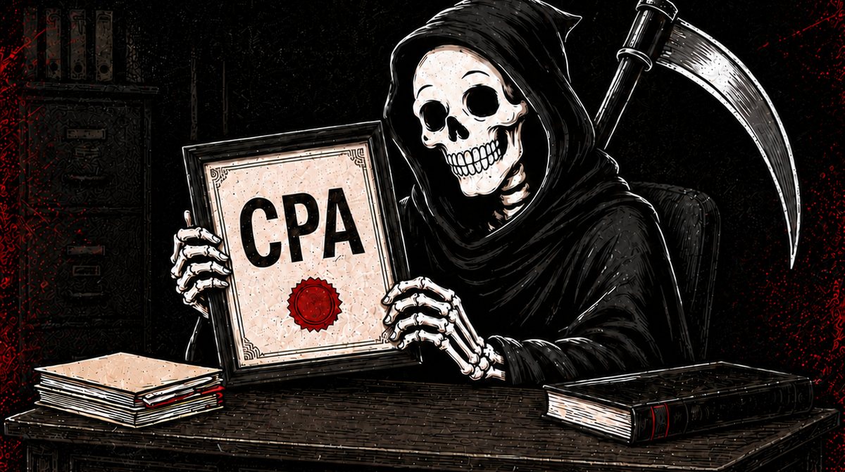 The Reaper at his desk holding a framed CPA certificate, scythe leaning behind him