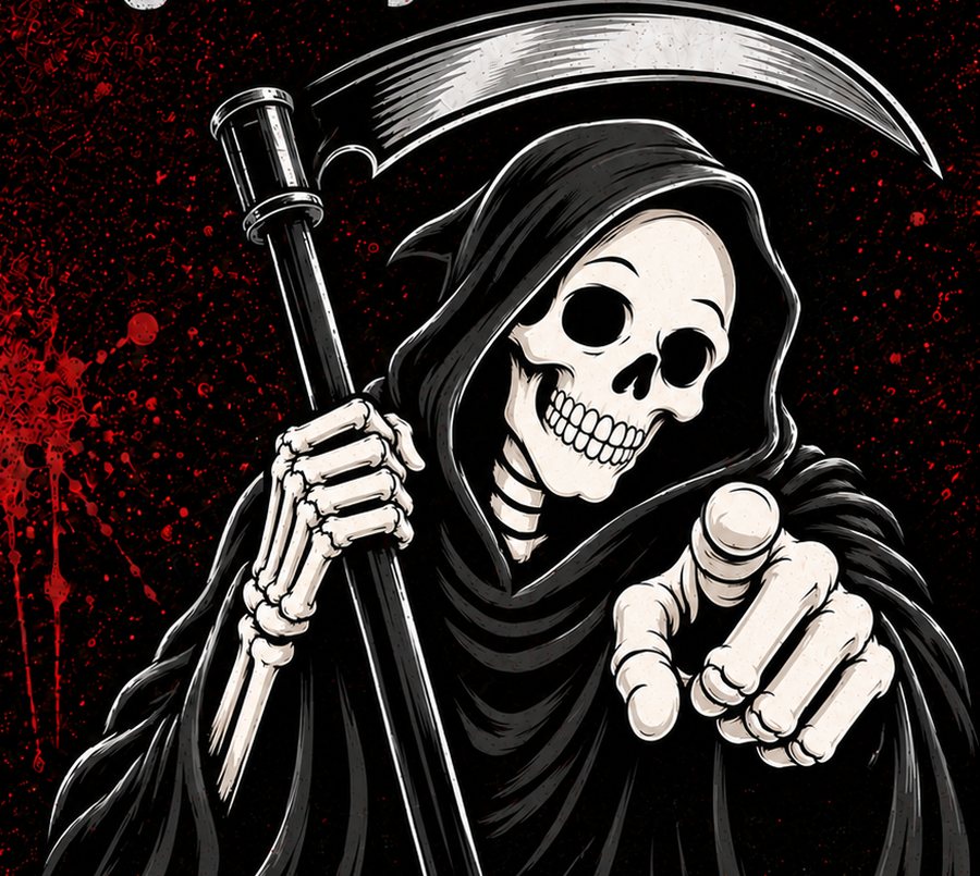 The Death & Taxes Reaper grinning and pointing at you, scythe over his shoulder